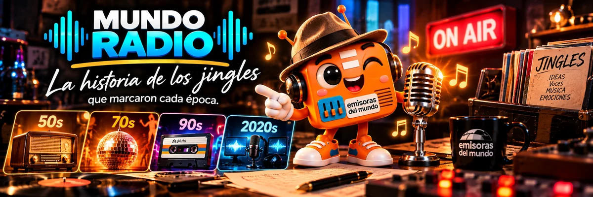Rady en estudio de radio junto a micrófono y elementos musicales de distintas décadas, portada Mundo Radio sobre jingles